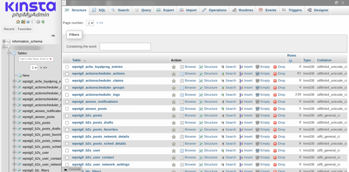 Kinsta phpMyAdmin ekranı