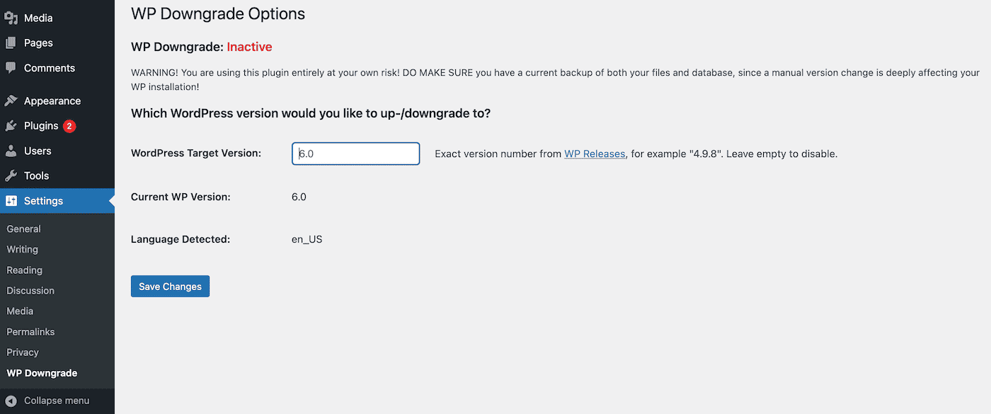 WP Downgrade ayarlarının ekran görüntüsü