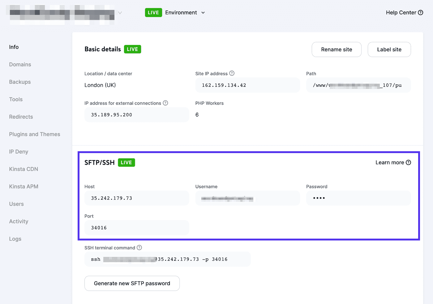 MyKinsta'da SFTP/SSH bölümünü bulun