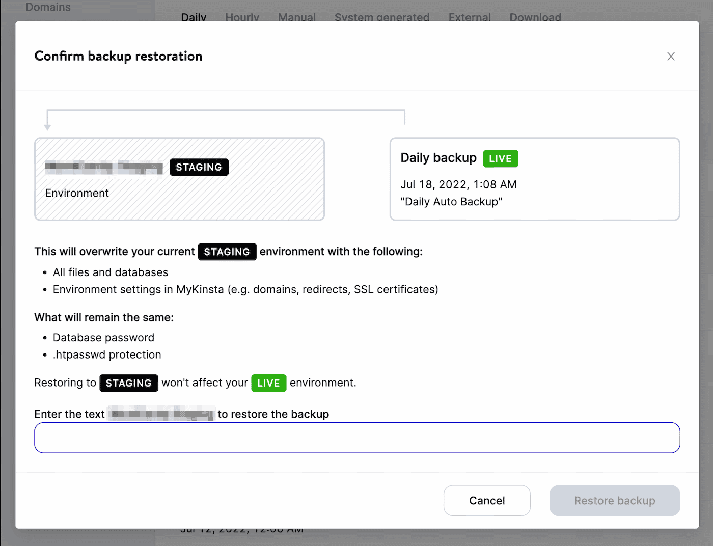 MyKinsta'da yedekleme geri yüklemesini onaylayın