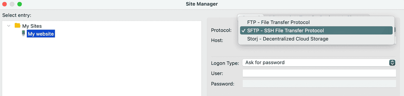 Protokolü SFTP - SSH Dosya Aktarım Protokolü olarak değiştirin