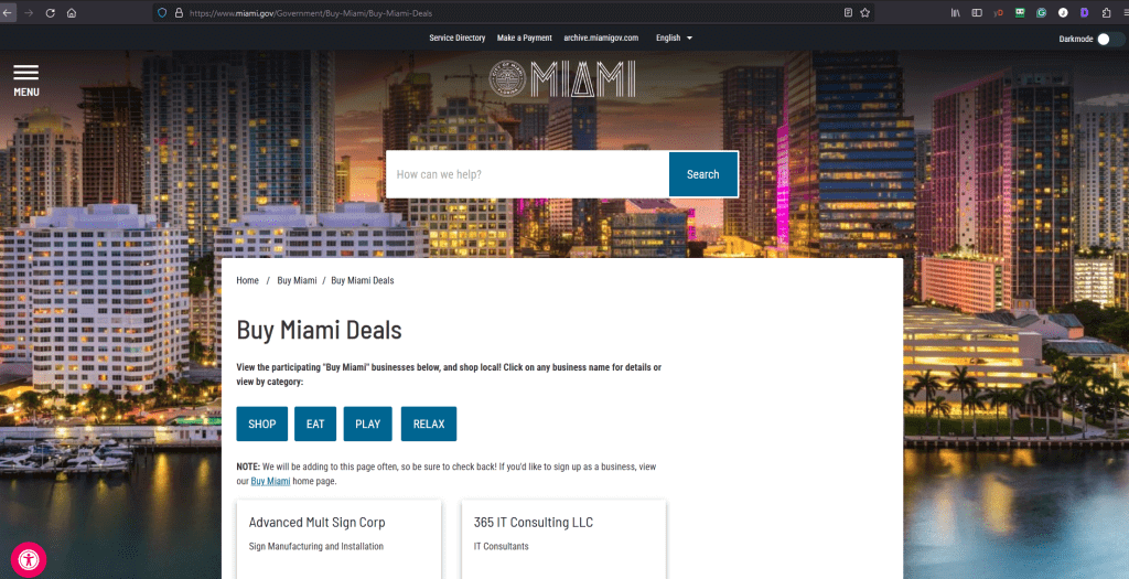 miami.gov sitesinde bir dizi yerel işletme web sitesine bağlantı veren bir tür kaynak sayfası, fırsatlar sayfası.