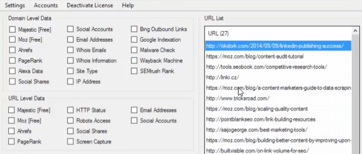 URL Profiler ile analiz için bazı veriler topluyorum.