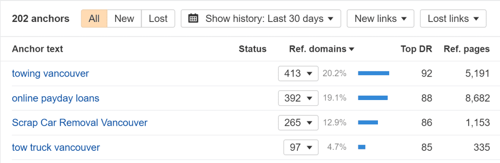 Hem aşırı optimize edilmiş hem de negatif SEO'dan alakasız bağlantılara sahip bir web sitesinin bağlantı metni.