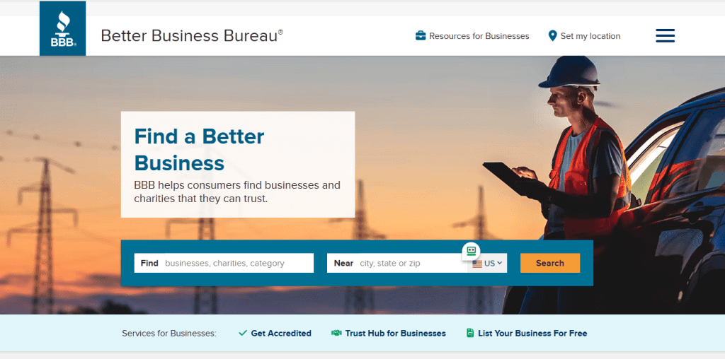 Bir işletme web sitesi için güvenilir bir geri bağlantı kaynağı olan Better Business Bureau web sitesinin ana sayfası.