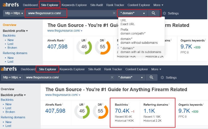 Ahrefs'in Site Explorer'ı size bir alan adının toplam geri bağlantılarını ve yönlendiren alan adlarını gösterecektir